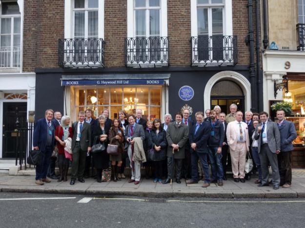 Friends and admirers of Patrick Leigh Fermor outside Heywood Hill, his favourite bookshop, in London’s Shepherd Market