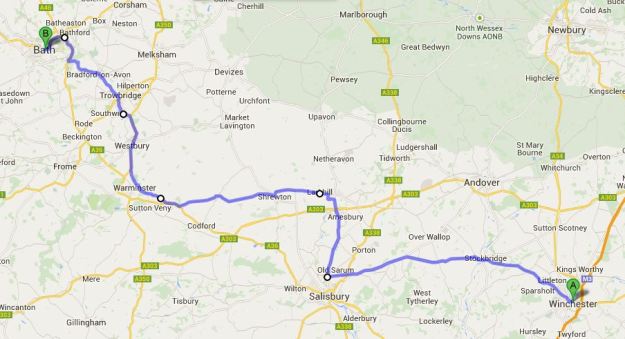 The rough route Winchester to Bath