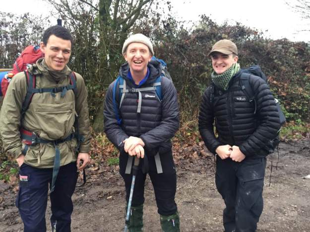Teddy, Tom, and Patrick on the South Downs Way fundraising in December 2016